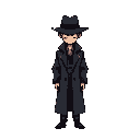 a simple killer, outwardly appearing as a person with a normal life and discipline, but inwardly a killer who murders those who wronged him. let it be a pixelated image. he should have a hat and a long coat.