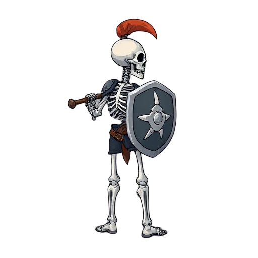 skeleton warrior, facing right, side view, holding sword and shield