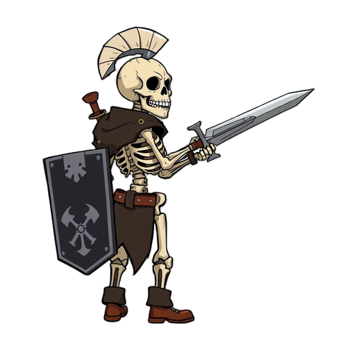 skeleton warrior, facing right, side view, holding sword and shield