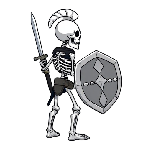 skeleton warrior, facing right, side view, holding sword and shield