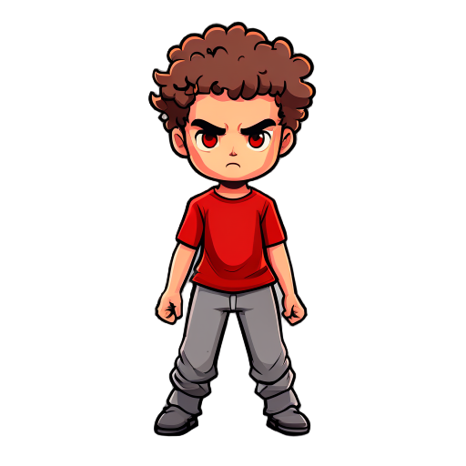 create a sprite of a boy with red shirt, grey pants and short curly hair in a battle position