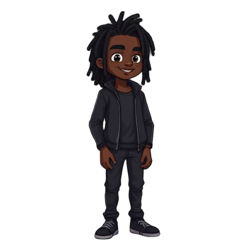 a black man around 19 years old with dreads on his hair. he has dark clothes and doesnt smile
