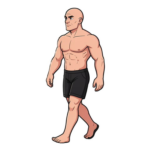 a bald, muscular man, bare-chested, wearing only black shorts, walks straight to the left.