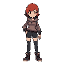 estilo dead cells, personagem jovem com cabelo roxo bagunçado, o personagem precisa ter cabelo roxo curto e é uma menina de casaco moletom, ela usa botas, faça em uma pose meio de lado, como o personagem de dead cells