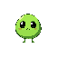 green slime. its eyes are black. no mouth. no legs. it is round.