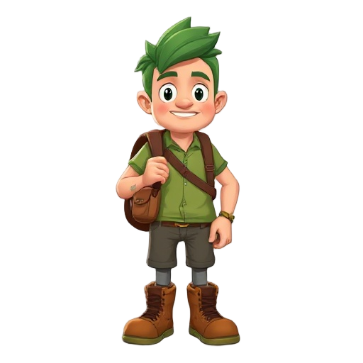 um personagem gordo calvo com regata verde e calça marrom com uma bota 17 anos de idade 1 metro e 90 com uma mochila marrom nas costas