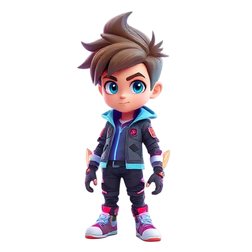 this is a full-body, stylized 3d rendering of a young male character, presented against a pure white background. the character has a futuristic, almost superhero or gamer aesthetic, emphasized by his vibrant color palette and glowing elements.  **characte