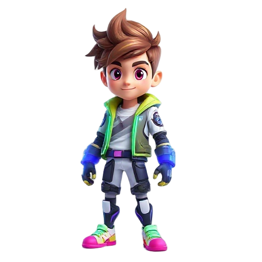 this is a full-body, stylized 3d rendering of a young male character, presented against a pure white background. the character has a futuristic, almost superhero or gamer aesthetic, emphasized by his vibrant color palette and glowing elements.  **characte