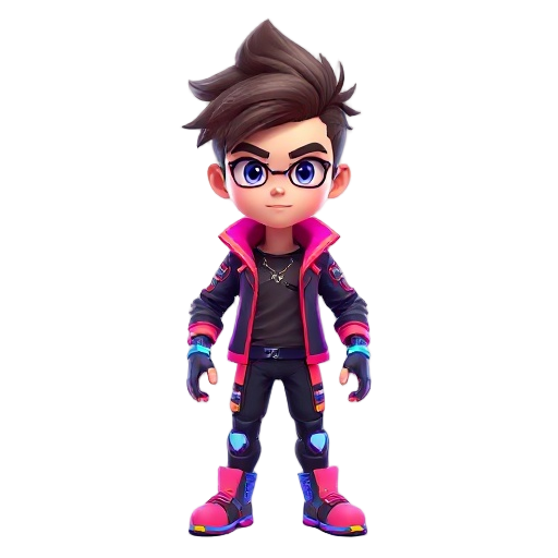 this is a full-body, stylized 3d rendering of a young male character, presented against a pure white background. the character has a futuristic, almost superhero or gamer aesthetic, emphasized by his vibrant color palette and glowing elements.  **characte