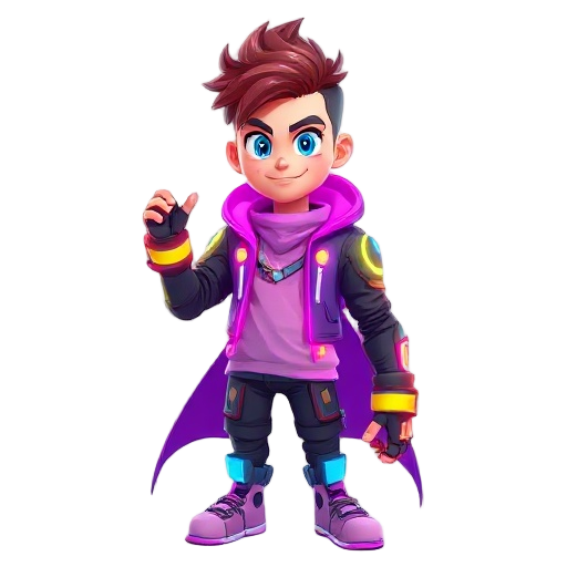 this is a full-body, stylized 3d rendering of a young male character, presented against a pure white background. the character has a futuristic, almost superhero or gamer aesthetic, emphasized by his vibrant color palette and glowing elements.  **characte