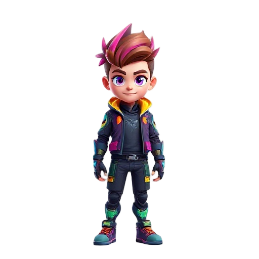 this is a full-body, stylized 3d rendering of a young male character, presented against a pure white background. the character has a futuristic, almost superhero or gamer aesthetic, emphasized by his vibrant color palette and glowing elements.  **characte