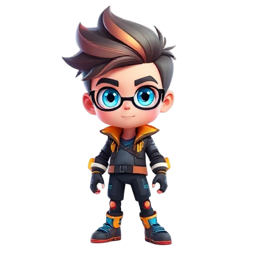 this is a full-body, stylized 3d rendering of a young male character, presented against a pure white background. the character has a futuristic, almost superhero or gamer aesthetic, emphasized by his vibrant color palette and glowing elements.  **characte