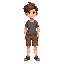 young boy with ripped brown shorts and a teared grey shirt with long brown hair and a longer shaped head 