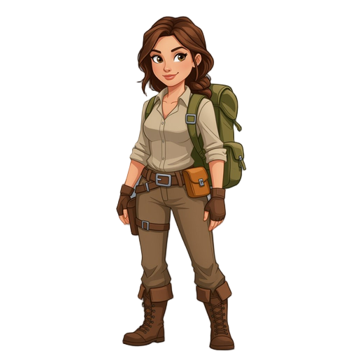 a female adventurer with pants and shirt and a backpack