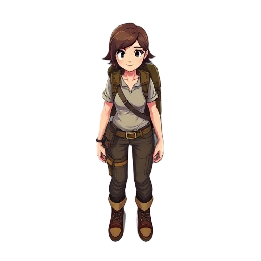 a female adventurer wearing a shirt and pants with a backpack