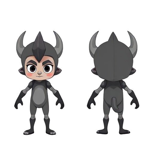 bruxa character, low poly art, model sheet, flat front view, flat side view, flat back view, white background
