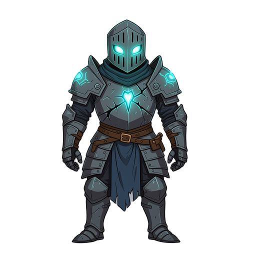 hollow ancient knight armor possessed by a glowing soul, medieval fantasy armor that is old, cracked, rusted, and battle-worn. the armor is empty inside, with a ghostly blue glow shining from the helmet visor and joints. subtle arcane-tech elements are in