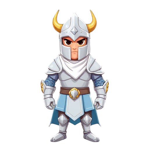 a knight in white armor with a white cloth around his neck, a helmet covering his entire face with a pointed shape at the front and two golden horns extending from his eyes upwards, a light blue cloth underneath his waist, and golden details on his elbows