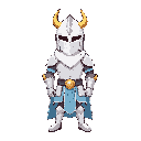 a knight in white armor with a white cloth around his neck, a helmet covering his entire face with a pointed shape at the front and two golden horns extending from his eyes upwards, a light blue cloth underneath his waist, and golden details on his elbows
