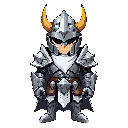 a high-fantasy knight in ornate, heavy plate armor made of brushed silver steel with sharp, aggressive edges. the helmet is a unique close-faced visor design featuring two prominent, curved golden horns or crests extending upwards. he wears a flowing whit