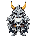 a high-fantasy knight in ornate, heavy plate armor made of brushed silver steel with sharp, aggressive edges. the helmet is a unique close-faced visor design featuring two prominent, curved golden horns or crests extending upwards. he wears a flowing whit
