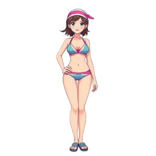 stylized 2d game character, japanese anime style, young adult woman wearing a sporty bikini, full body, front view, clean lineart, bright summer colors, simple cel shading, clear silhouette, plain light background, game asset illustration