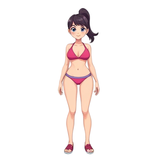 stylized 2d game character, young adult woman wearing a sporty bikini, full body, front view, clean anime-inspired design, balanced proportions, bright summer colors, simple shading, clear silhouette, soft lighting, plain light background, game asset styl