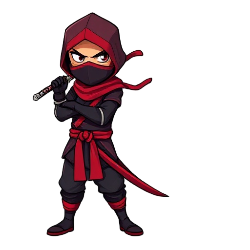 crie um ninja , com detalhes em vermelho, katana e alguns shuriken na cintura