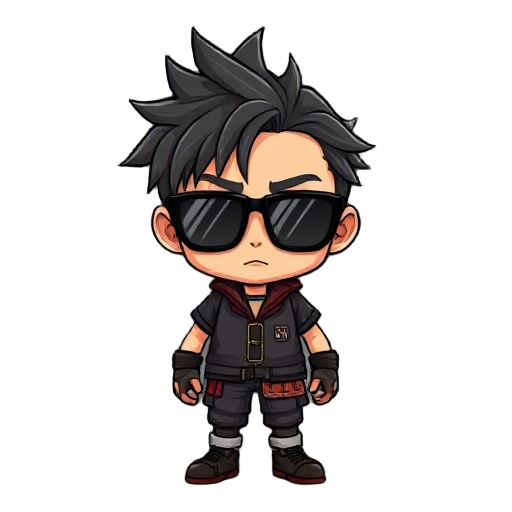 asian face, wearing sunglasses, like the character from the game final fantasy old version