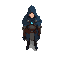 a lone blue-cloaked wanderer, high top down view, south direction , half-armored and half-enchanted, no background