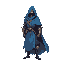 a lone blue-cloaked wanderer, high top down view, south direction , half-armored and half-enchanted, no background