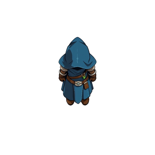 a lone blue-cloaked wanderer, high top down view, south direction , half-armored and half-enchanted, no background