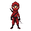 um ninja de roupa vermelha e espada nas costas, a roupa é uma roupa ninja vermelho escuro e ele usa uma mascara dourada, e tem um capuz preto, lembre da mascara e do capuz preto, e coloque bastante detalhes pretos na roupa