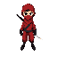 um ninja de roupa vermelha e espada nas costas, a roupa é uma roupa ninja vermelho escuro e ele usa uma mascara dourada, e tem um capuz preto, lembre da mascara e do capuz preto, e coloque bastante detalhes pretos na roupa
