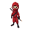 um ninja de roupa vermelha e espada nas costas, a roupa é uma roupa ninja vermelho escuro e ele usa uma mascara dourada, e tem um capuz preto, lembre da mascara e do capuz preto, e coloque bastante detalhes pretos na roupa