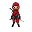 um ninja de roupa vermelha e espada nas costas, a roupa é uma roupa ninja vermelho escuro e ele usa uma mascara dourada, e tem um capuz preto