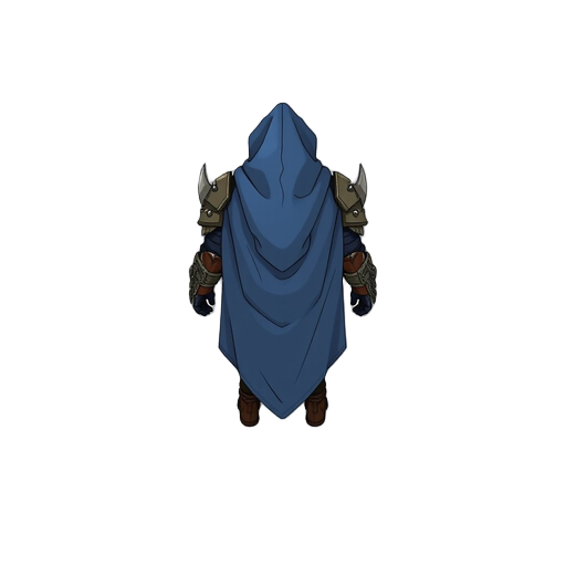 a lone blue-cloaked wanderer, high top down view, south direction , half-armored and half-enchanted, no background