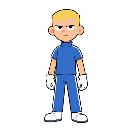 chico pelo puntiagudo rubio ceniza con uniforme azul deportivo, pantalon azul obscuro y chandal de cuello alto arremangado hasta los codos, lineas blancas a los lados y todo en conjunto, exprecion neutral o seria y pelo puntiagudo