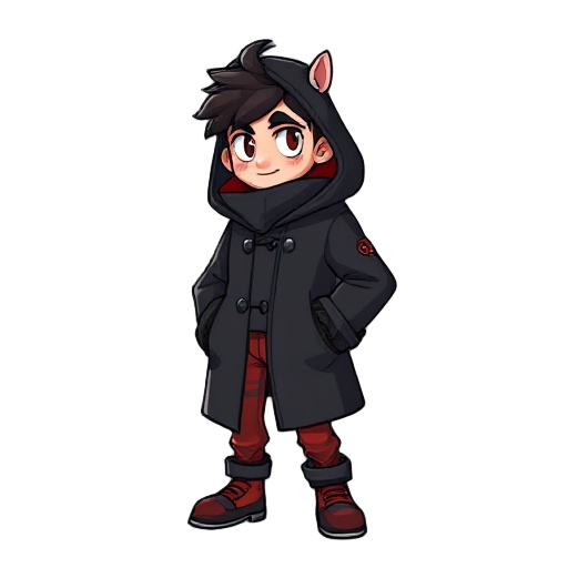 an assasin wearing black coat and cozy red pants