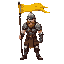 a human warrior in metal armor that is dirty from battle. the warrior will also have a yellow banner flying above him and will be holding a large spear. 