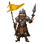 a human warrior in metal armor that is dirty from battle. the warrior will also have a yellow banner flying above him and will be holding a large spear. 