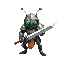 a bug humanoid warrior in metal armor with a sword