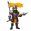 a human warrior in metal armor that is dirty from battle. the warrior will also have a yellow banner flying above him and will be holding a large spear. 
