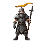 a human warrior in metal armor that is dirty from battle. the warrior will also have a yellow banner flying above him and will be holding a large spear. 