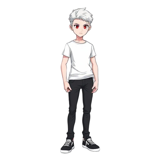 a tall male character with short white hair, crimson red eyes, snow-white skin, wearing a white t-shirt, black jeans, and black sneakers with white stripes and details. 