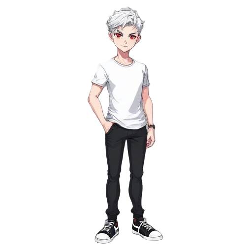 a tall male character with short white hair, crimson red eyes, snow-white skin, wearing a white t-shirt, black jeans, and black sneakers with white stripes and details. 