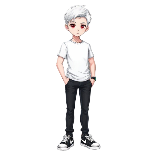 a tall male character with short white hair, crimson red eyes, snow-white skin, wearing a white t-shirt, black jeans, and black sneakers with white stripes and details. 