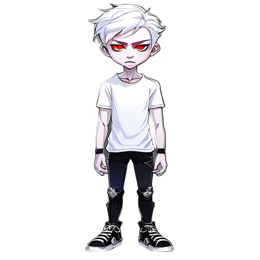 a tall male character with short white hair, crimson red eyes, snow-white skin, wearing a white t-shirt, black jeans, and black sneakers with white stripes and details. 