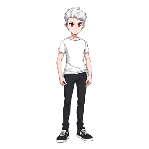 a tall male character with short white hair, crimson red eyes, snow-white skin, wearing a white t-shirt, black jeans, and black sneakers with white stripes and details. 