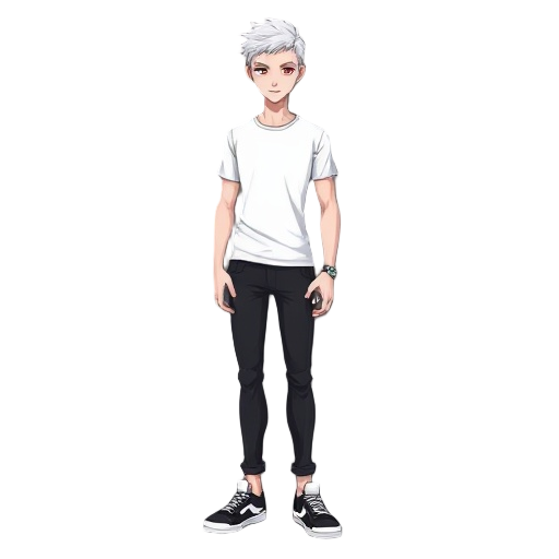 a tall male character with short white hair, crimson red eyes, snow-white skin, wearing a white t-shirt, black jeans, and black sneakers with white stripes and details. 